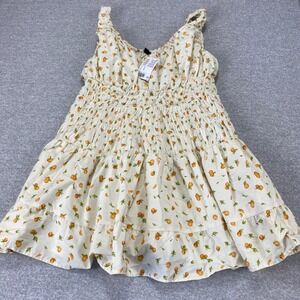 HM Divided Orange Fruit Print Smocked Mini Dress XL New With Tags White Cotton